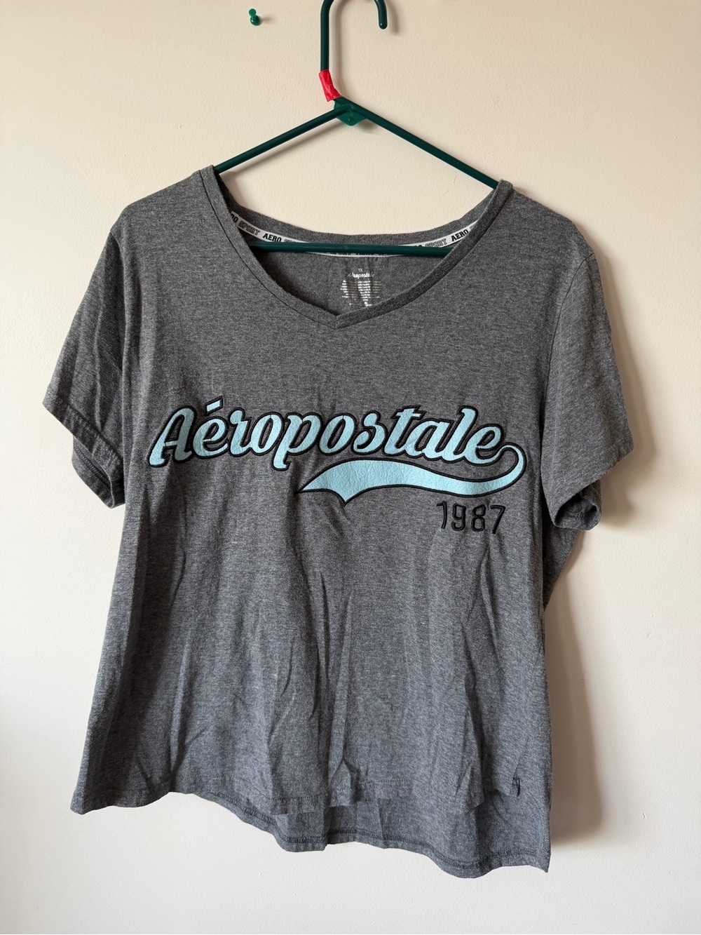 Aeropostale Heather Gray V-Neck Tee with Light Blue Logo